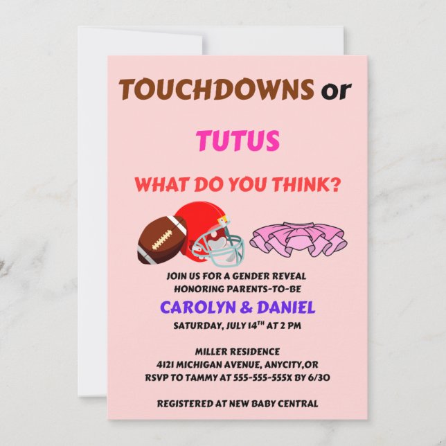 Invitación Fiesta de Revelación de Género Touchdowns o Tutus (Anverso)
