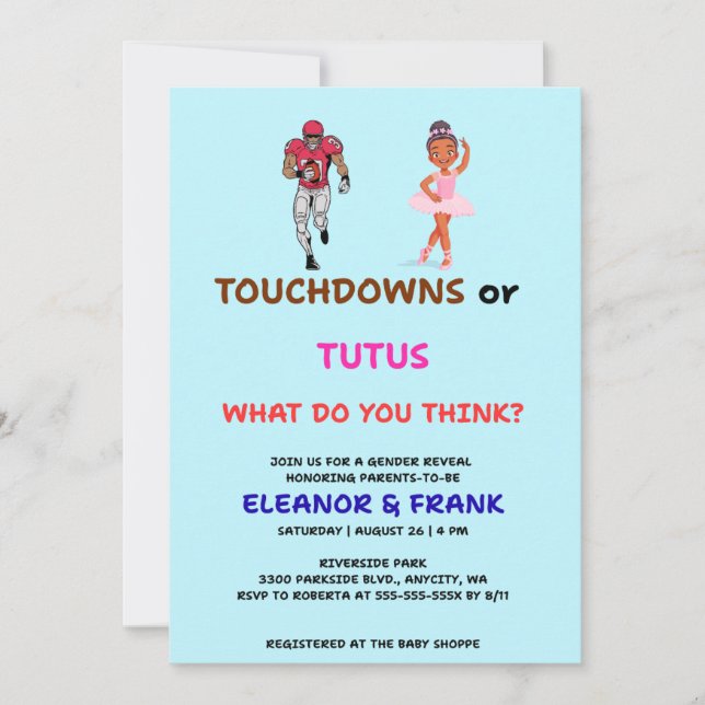 Invitación Fiesta de Revelación de Género Touchdowns o Tutus (Anverso)