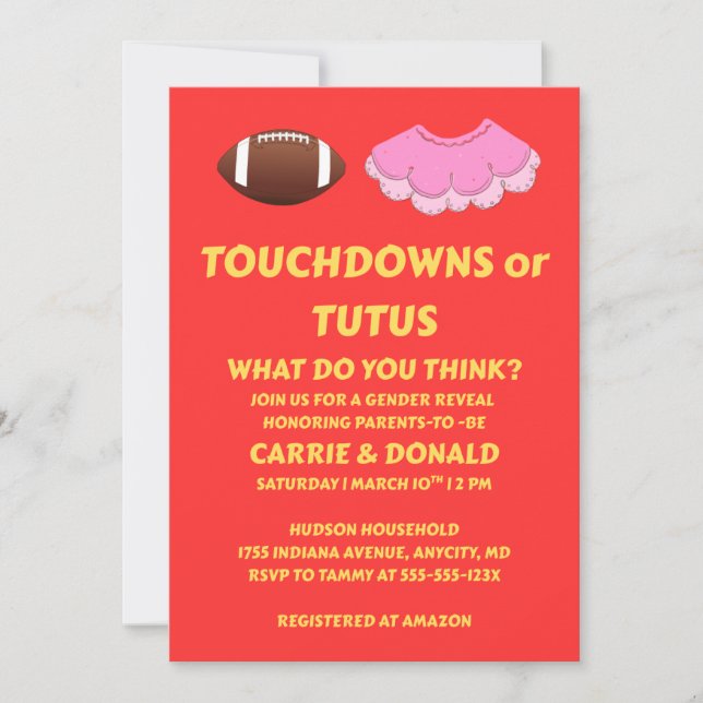 Invitación Fiesta de Revelación de Género Touchdowns o Tutus (Anverso)