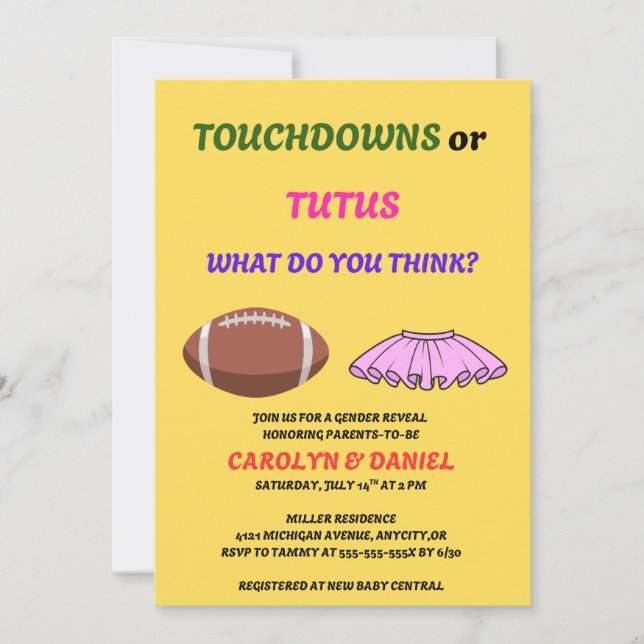 Invitación Fiesta de Revelación de Género: Touchdowns o Tutus (Anverso)