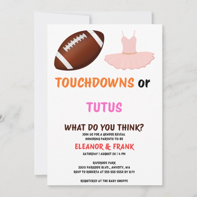 Invitación Fiesta de Revelación de Género Touchdowns o Tutus (Anverso)