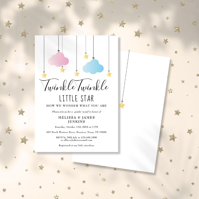 Invitación Fiesta de Revelación de Género Twinkle Twinkle Lit (Twinkle Twinkle Little Star Gender Reveal Party Invitation)