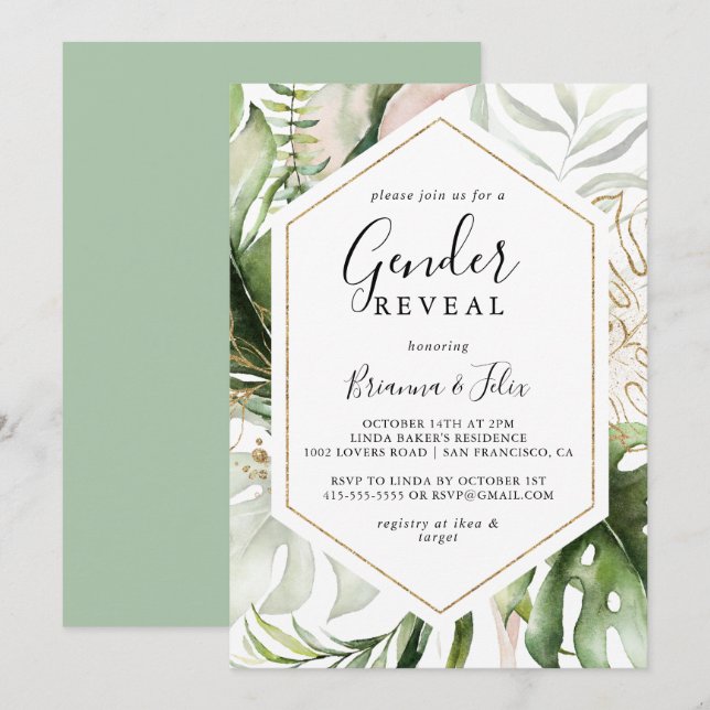 Invitación Fiesta de revelación de género verde tropical de o (Anverso / Reverso)