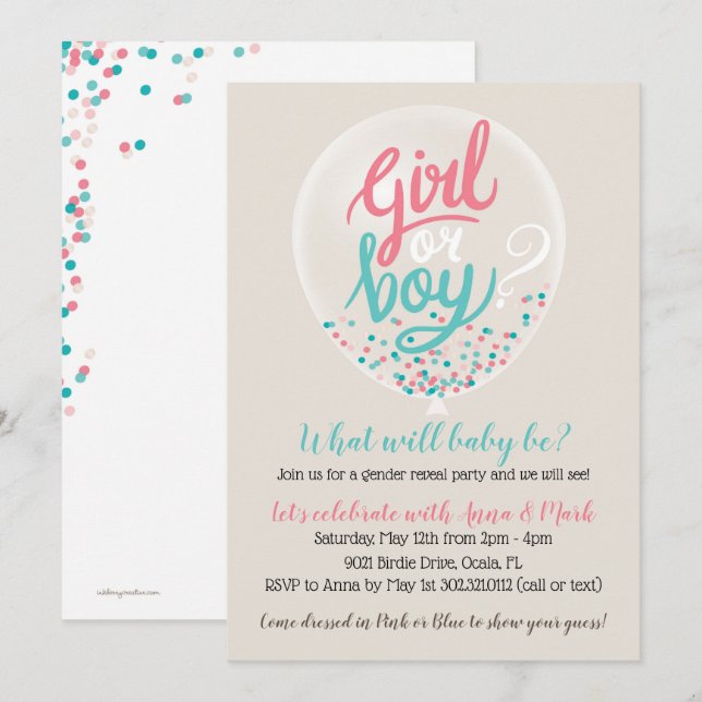 Invitación Fiesta de revelación de globo de confetti (Anverso / Reverso)
