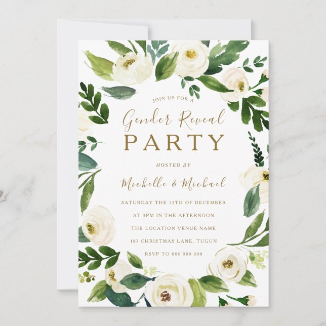 Invitación Fiesta de Revelación de la flor blanca moderna (Anverso)