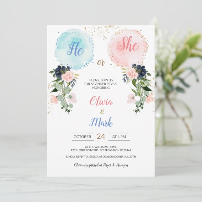 Invitación Fiesta de revelación de los globos de flores (Anverso de pie)