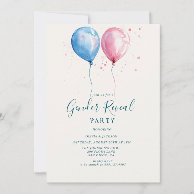 Invitación Fiesta de revelación de los globos rosados y azule (Anverso)