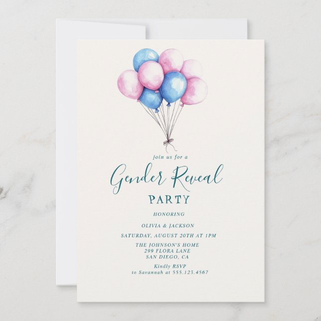 Invitación Fiesta de revelación de los globos rosados y azule (Anverso)