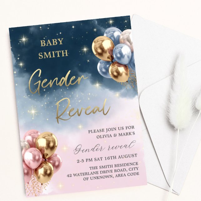 Invitación Fiesta de revelación de sexo de bebé con globo ros (Subido por el creador)