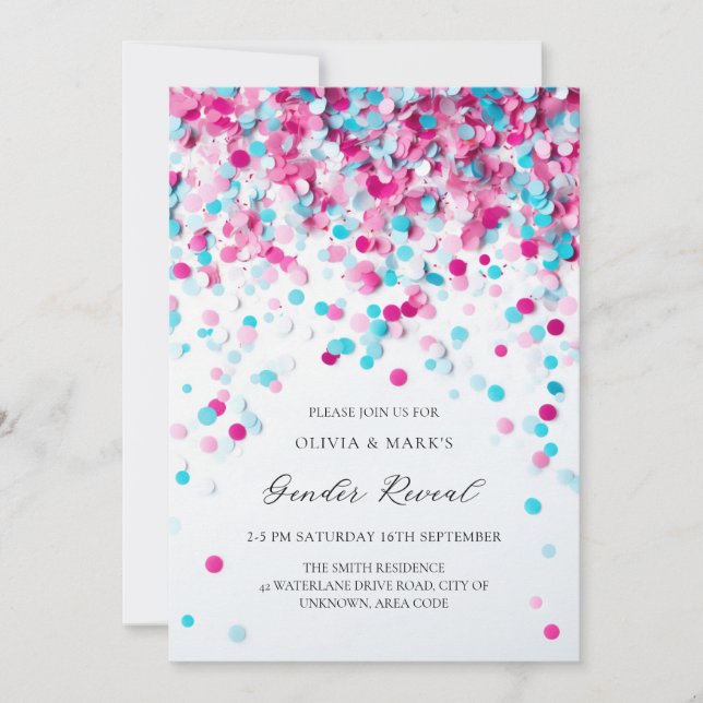 Invitación Fiesta de revelación de sexo de bebé confetti azul (Anverso)