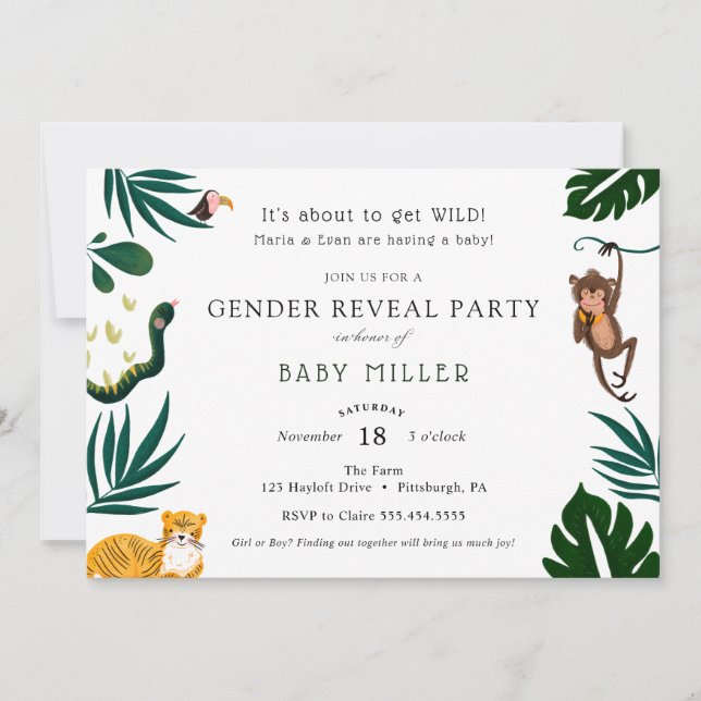 Invitación Fiesta de revelación de sexo de bebé de la jungla (Anverso)