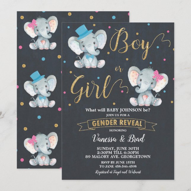 Invitación Fiesta de revelación de sexo de bebé elefante (Anverso / Reverso)
