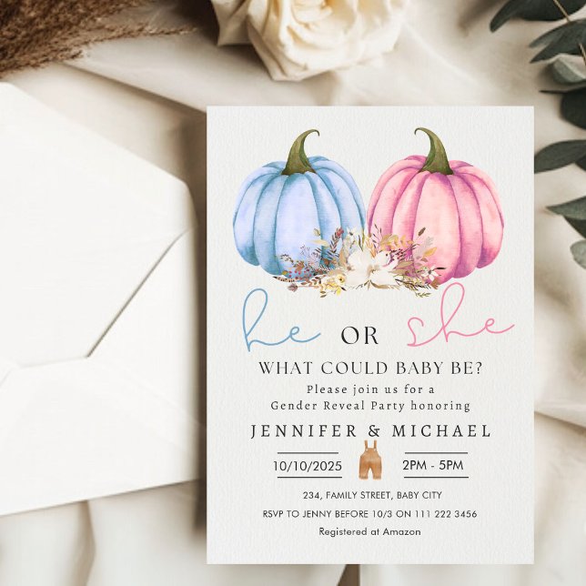Invitación Fiesta de revelación de sexo de calabaza rosa azul (Fall Blue Pink Pumpkin Gender Reveal Party Invitation)