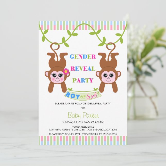 Invitación Fiesta de revelación de sexo de mono niño o Chica (Anverso de pie)