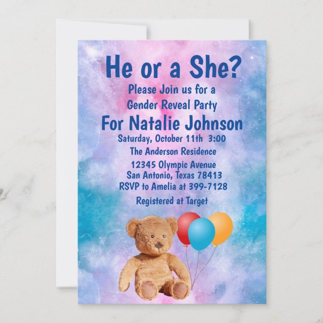 Invitación Fiesta de revelación de sexo de osito de peluche (Anverso)