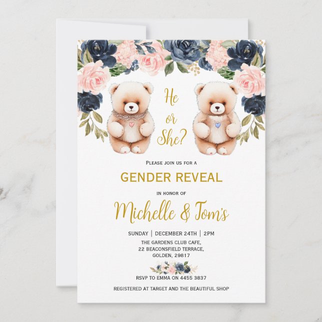 Invitación Fiesta de revelación de sexo de oso de peluche azu (Anverso)