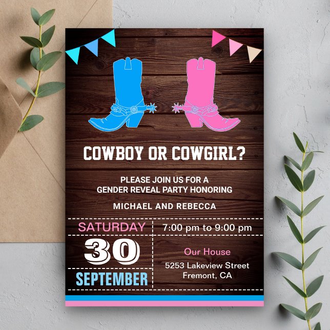 Invitación Fiesta de revelación de sexo de vaquero o vaquera (Subido por el creador)