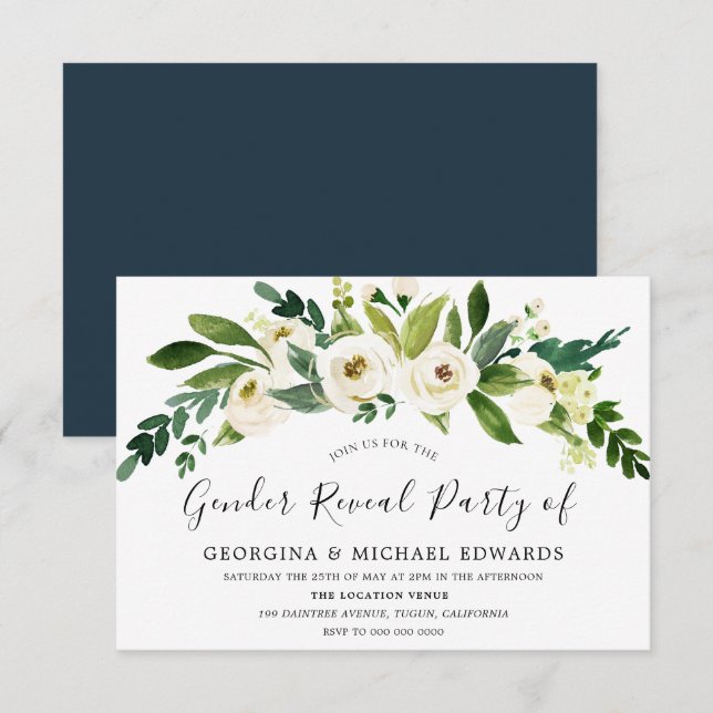 Invitación Fiesta de Revelación de Sexo Floral Blanca Botánic (Anverso / Reverso)
