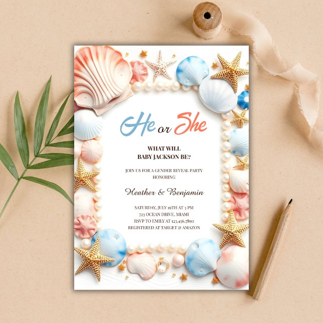 Invitación Fiesta de revelaciones de género en verano de Ocea (Ocean Beach Seashells Summer Gender Reveal Party Invitation)