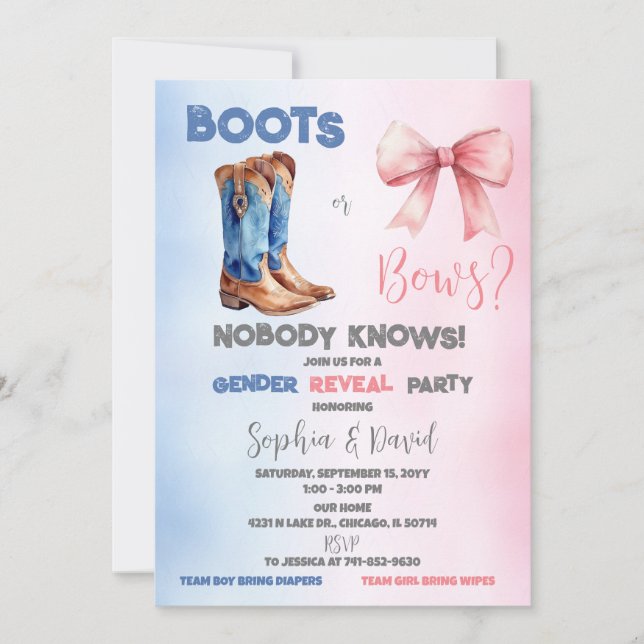 Invitación Fiesta de Revueltas de Género Boots o Bows (Anverso)