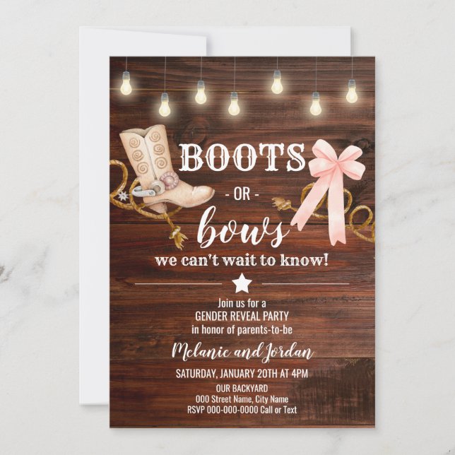 Invitación Fiesta de Revueltas de Género Boots o Bows (Anverso)