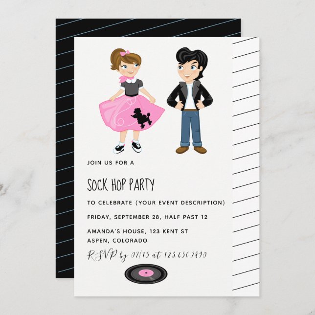 Invitación Fiesta de Rock y Retro Rollo de Sock Hop (Anverso / Reverso)