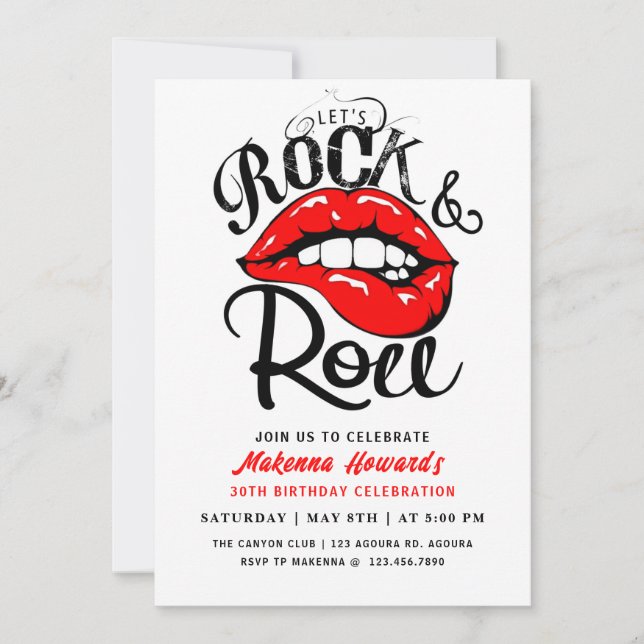 Invitación  Fiesta de rock y Rollo, cumpleaños de rock y Roll (Anverso)