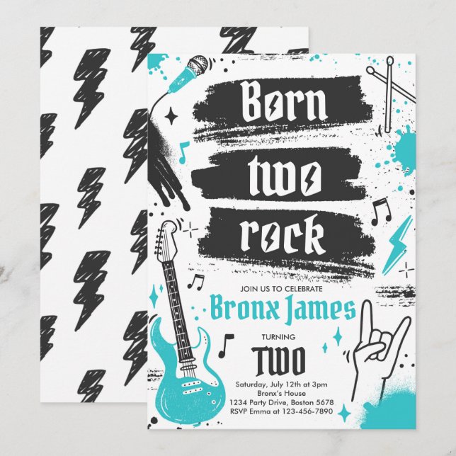 Invitación Fiesta de rock y rollo nacido dos cumpleaños de ro (Anverso / Reverso)