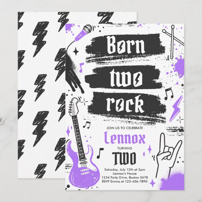 Invitación Fiesta de rock y rollo nacido dos cumpleaños de ro (Anverso / Reverso)