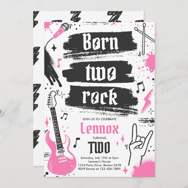 Invitación Fiesta de rock y rollo nacido dos cumpleaños de ro (Anverso / Reverso)