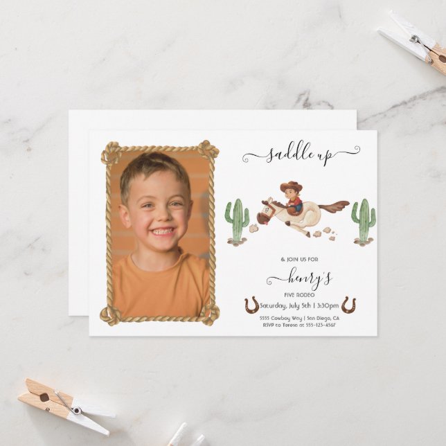 Invitación Fiesta de rodeo de cumpleaños CowBoy (Anverso/Reverso In Situ)