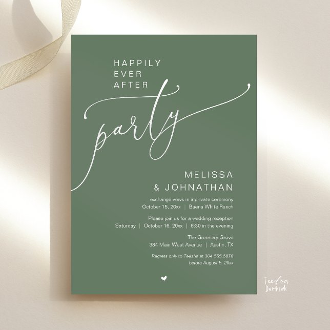 Invitación Fiesta de Romance de Boda Felices para Siempre Rec (Happily Ever After Party Romance Wedding Reception Invitation card in Sage green)