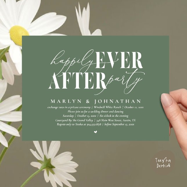 Invitación Fiesta de Romance Después de la Boda para Siempre (Happily Ever After Party Romance Wedding Reception Dinner Invitation Card in Sage Green)