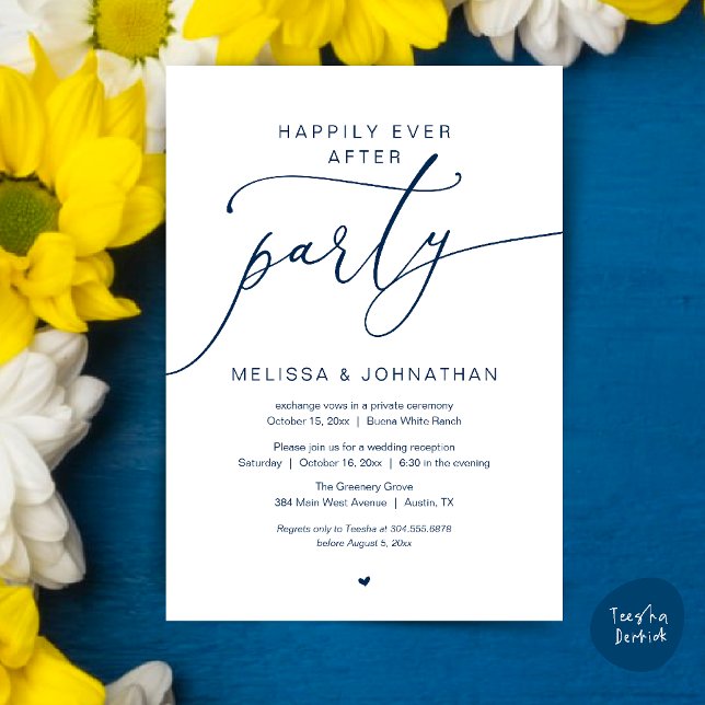 Invitación Fiesta de Romance Después de Siempre Recepción de  (Happily Ever After Party Romance Wedding Reception Invitation card in navy blue)
