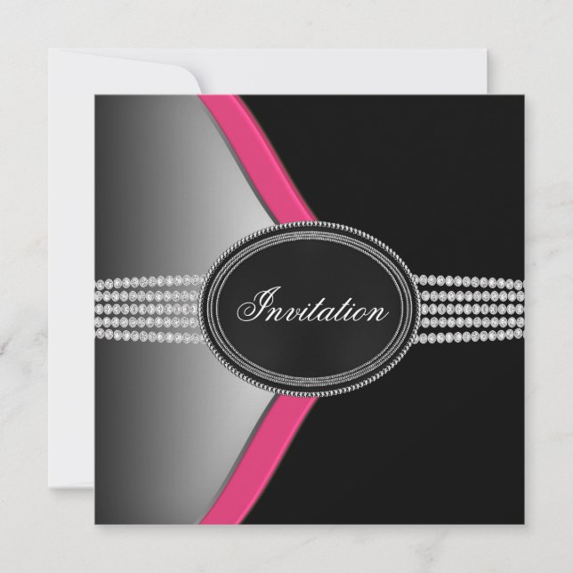 Invitación Fiesta de Rosa Caliente y Negro (Anverso)