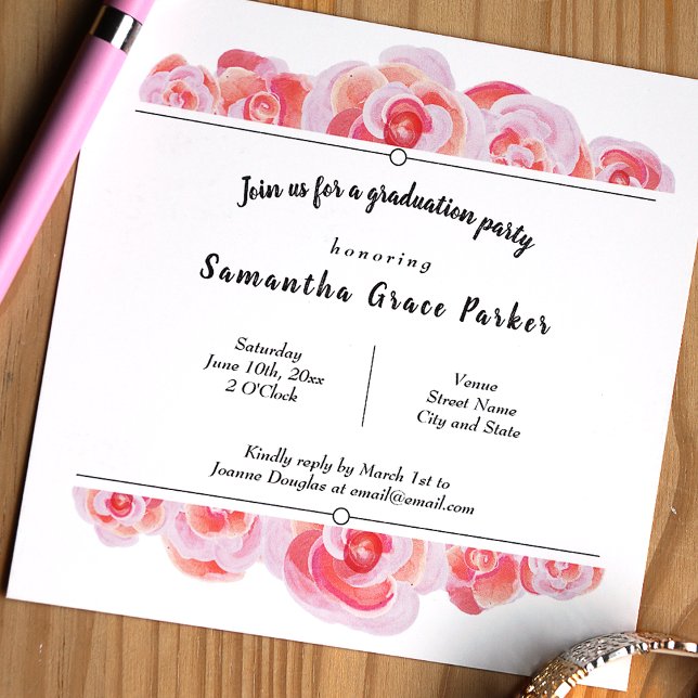 Invitación Fiesta de Rosas botánicos rosados y criamsicales (Peach, pink, and black floral graduation party invitation for a Spring botanical roses theme)
