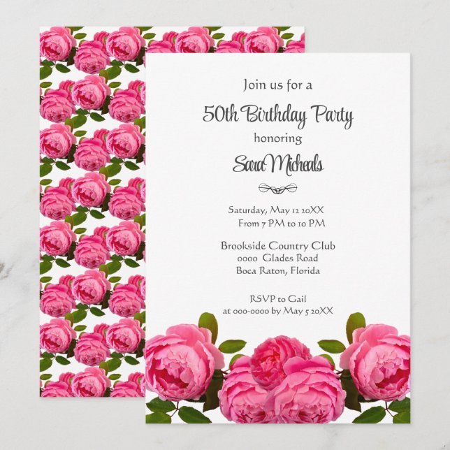 Invitación Fiesta de rosas rosadas del partido de cumpleaños (Anverso / Reverso)