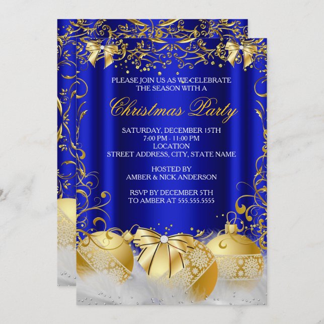 Invitación Fiesta de Royal Blue Gold Bow Bauble White Navidad (Anverso / Reverso)