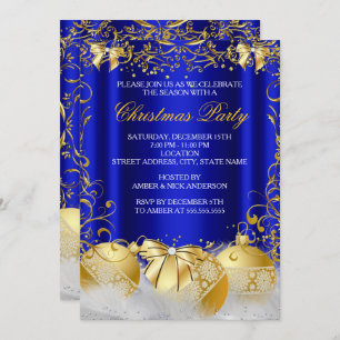 Invitación Fiesta de Royal Blue Gold Bow Bauble White Navidad