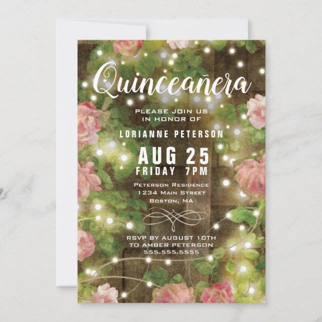 Invitación Fiesta de Rustic Quinceañera Pink Floral (Anverso)