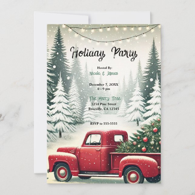 Invitación Fiesta de Rústicos Pines Trees Red Truck Navidades (Anverso)