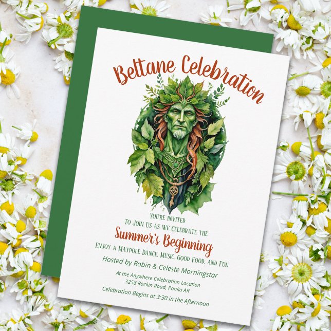 Invitación Fiesta de Sabbat del Dios del Bosque Celtíco Belta (Beltane Celtic Greenman Forest God Sabbat Party Invitation by Pagan Holidays)
