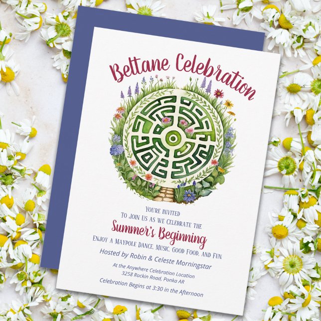 Invitación Fiesta de Sabbat del Laberinto del Jardín Céltico  (Beltane Celtic Garden Labyrinth Sabbat Party Invitation by the Pagan Holidays shop)