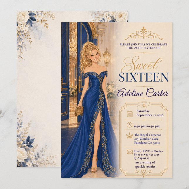 Invitación Fiesta de Salón de Baile Real Azul Dulces 16 (Anverso / Reverso)