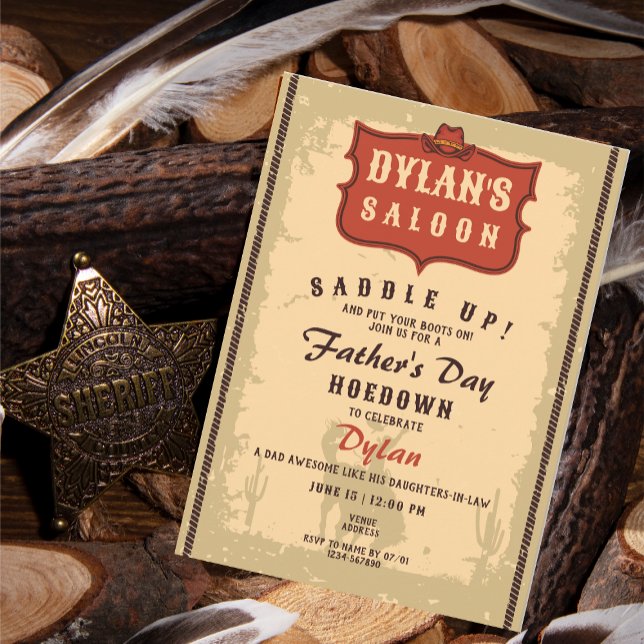 Invitación Fiesta de Saloon en el Día del Padre Funny Occiden (Western Cowboy Funny Father's Day Man Cave Hoe Down Rustic Party Invitation)