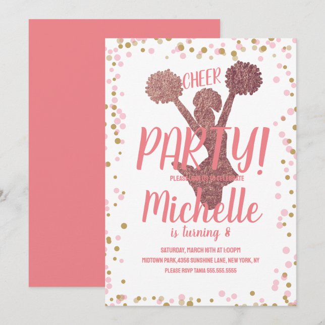 Invitación Fiesta de Salud Cheerled Cumpleaños Rubor Pink (Anverso / Reverso)