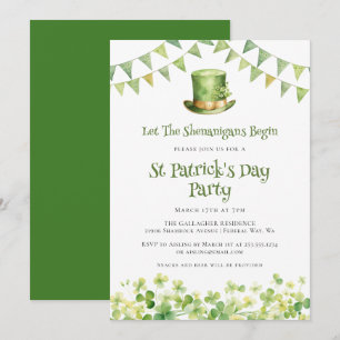 Invitación Fiesta de San Patricio con trébol de acuarela verd
