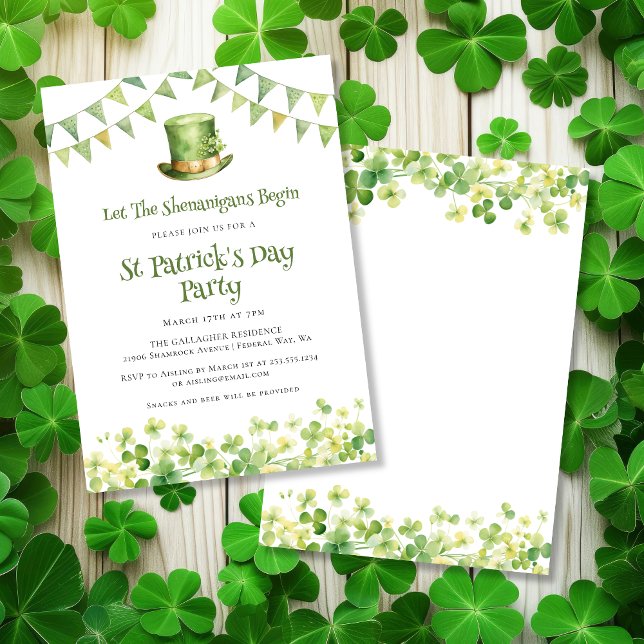 Invitación Fiesta de San Patricio con trébol de acuarela verd (Green Watercolor Shamrock St Patrick's Day Party Invitation)