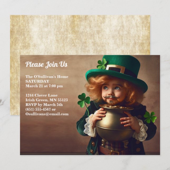 Invitación Fiesta de San Patricio, olla de oro irlandesa (Anverso / Reverso)
