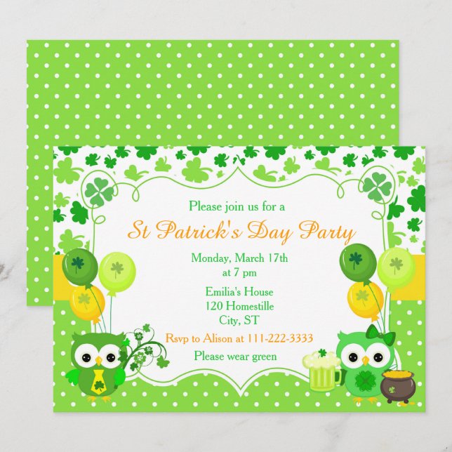 Invitación Fiesta de San Patricio Owls (Anverso / Reverso)